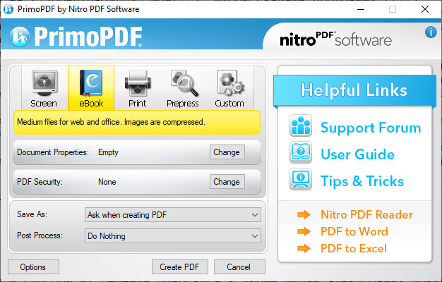 PrimoPDF - выбор качества PDF файла